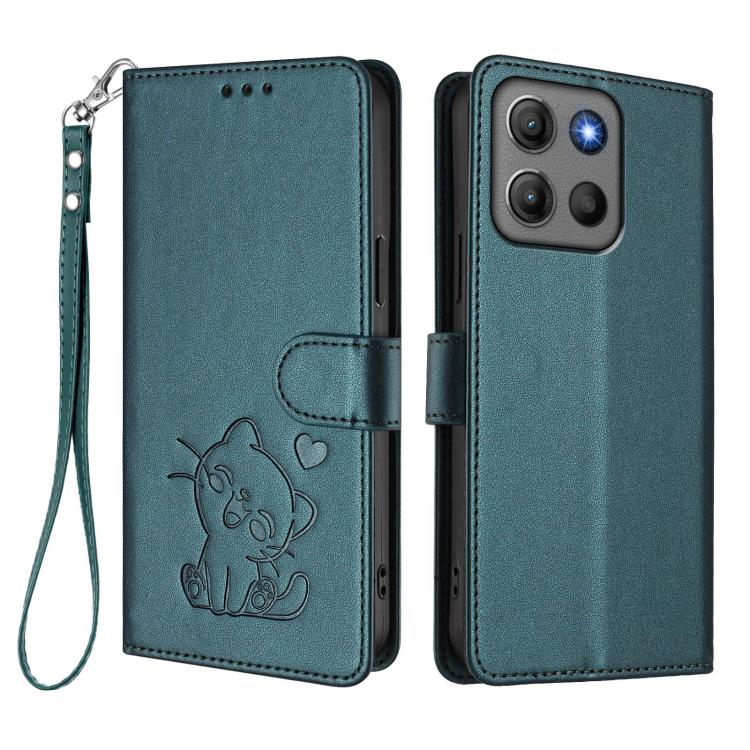For Motorola Moto G15 / G15 Power Embossed Heart Cat Leather Phone Case with Hand Strap