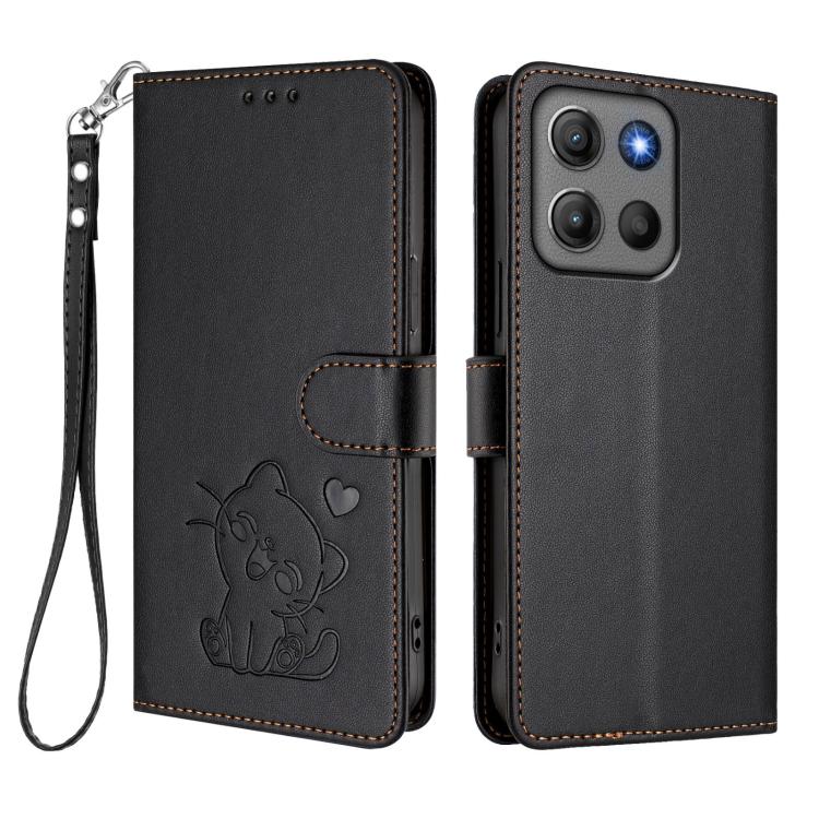 For Motorola Moto G15 / G15 Power Embossed Heart Cat Leather Phone Case with Hand Strap