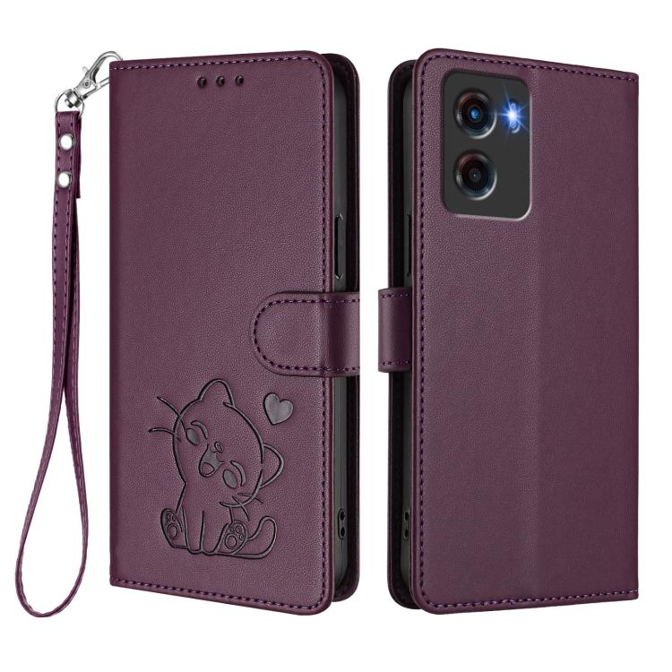 For Motorola Moto G05 / E15 Embossed Heart Cat Leather Phone Case with Hand Strap