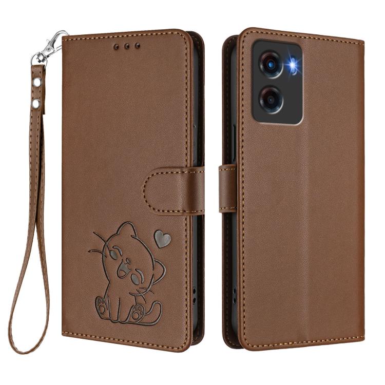 For Motorola Moto G05 / E15 Embossed Heart Cat Leather Phone Case with Hand Strap