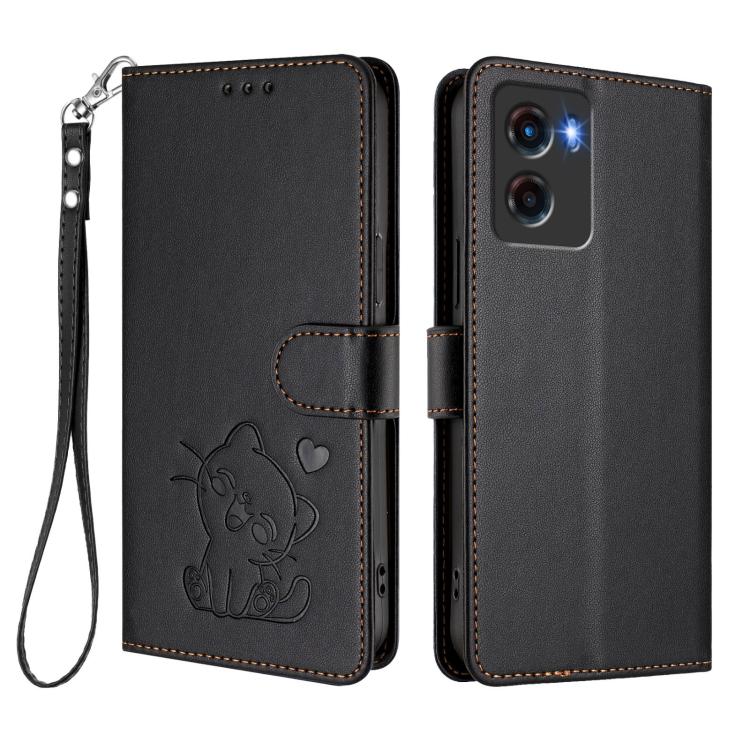 For Motorola Moto G05 / E15 Embossed Heart Cat Leather Phone Case with Hand Strap
