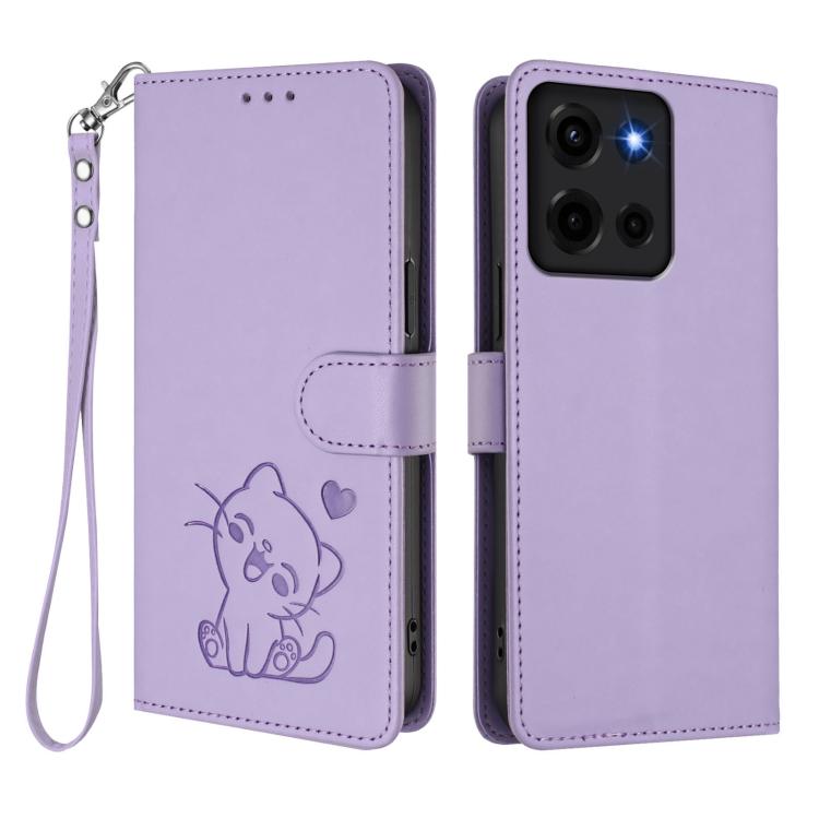 For Motorola Moto G 5G 2025 Embossed Heart Cat Leather Phone Case with Hand Strap