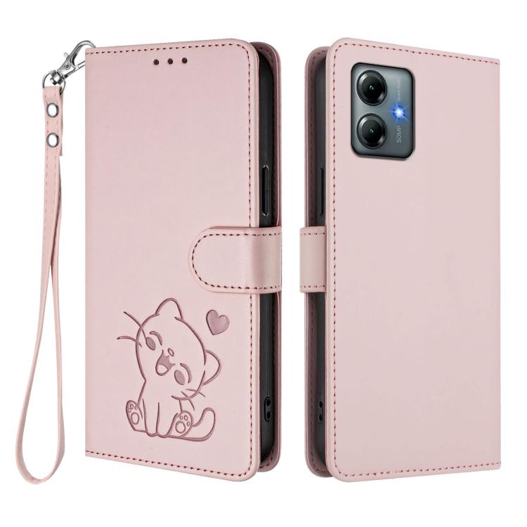 For Motorola Moto G Play 2025 Embossed Heart Cat Leather Phone Case with Hand Strap
