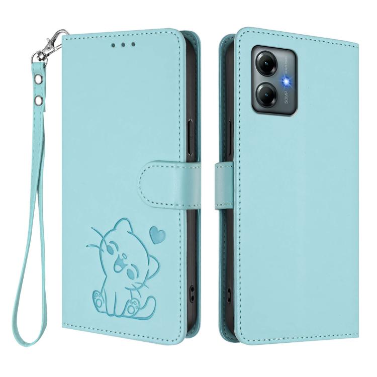 For Motorola Moto G Play 2025 Embossed Heart Cat Leather Phone Case with Hand Strap