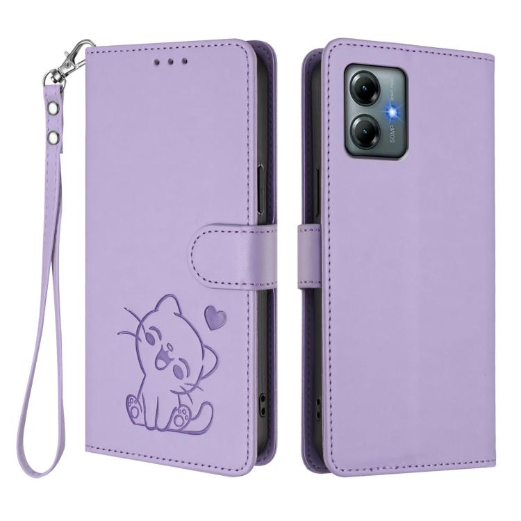 For Motorola Moto G Play 2025 Embossed Heart Cat Leather Phone Case with Hand Strap