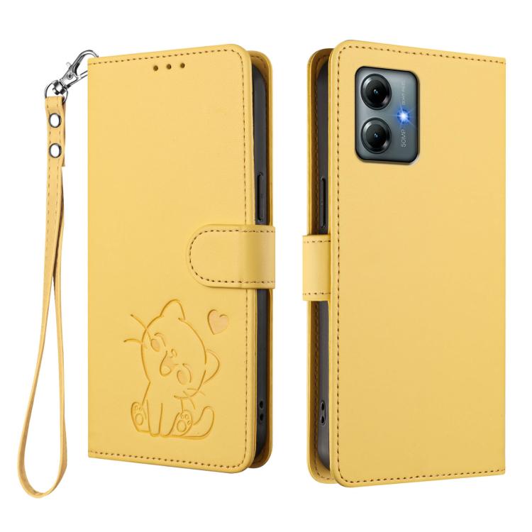 For Motorola Moto G Play 2025 Embossed Heart Cat Leather Phone Case with Hand Strap