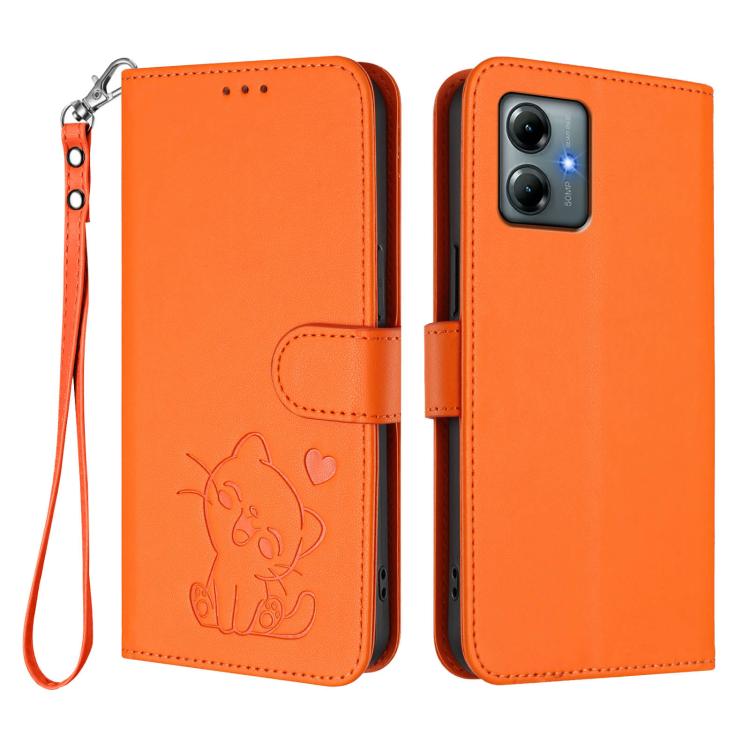 For Motorola Moto G Play 2025 Embossed Heart Cat Leather Phone Case with Hand Strap