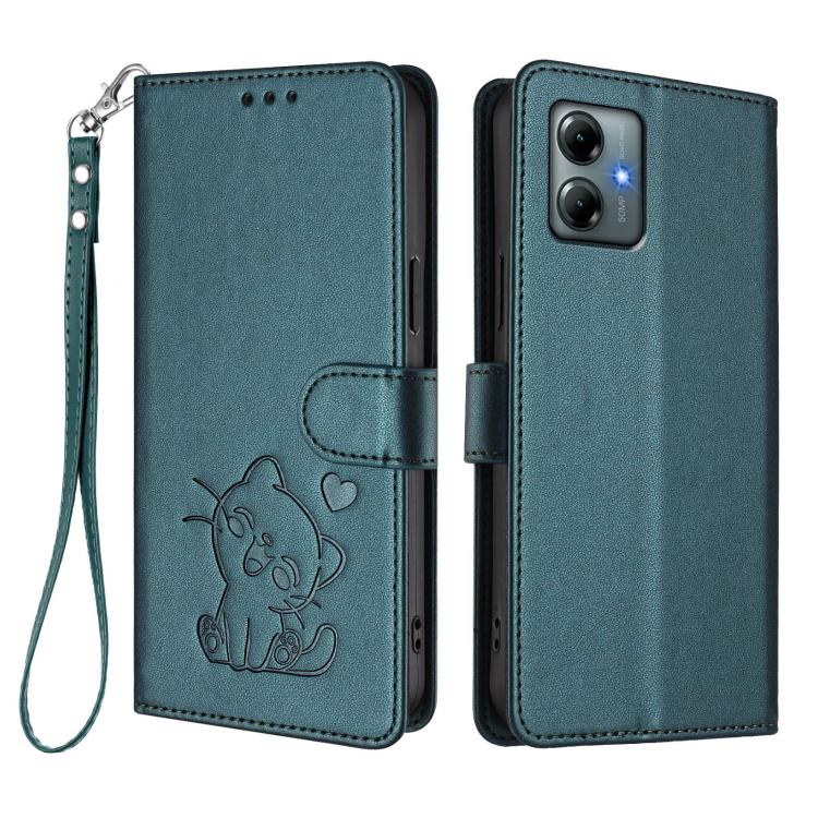 For Motorola Moto G Play 2025 Embossed Heart Cat Leather Phone Case with Hand Strap