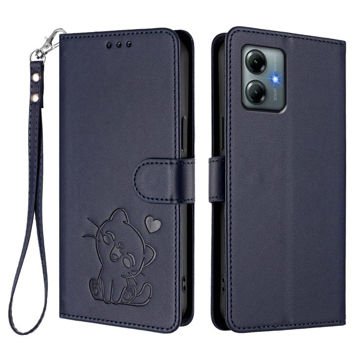 For Motorola Moto G Play 2025 Embossed Heart Cat Leather Phone Case with Hand Strap