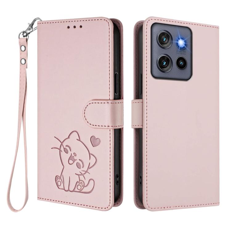 For Motorola Moto Thinkphone 25 Embossed Heart Cat Leather Phone Case with Hand Strap