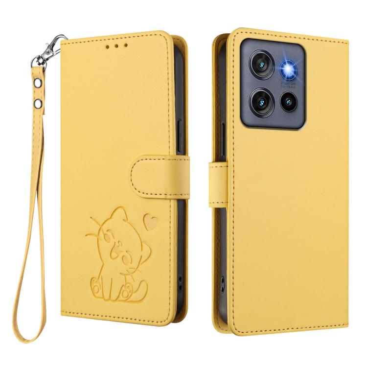 For Motorola Moto Thinkphone 25 Embossed Heart Cat Leather Phone Case with Hand Strap