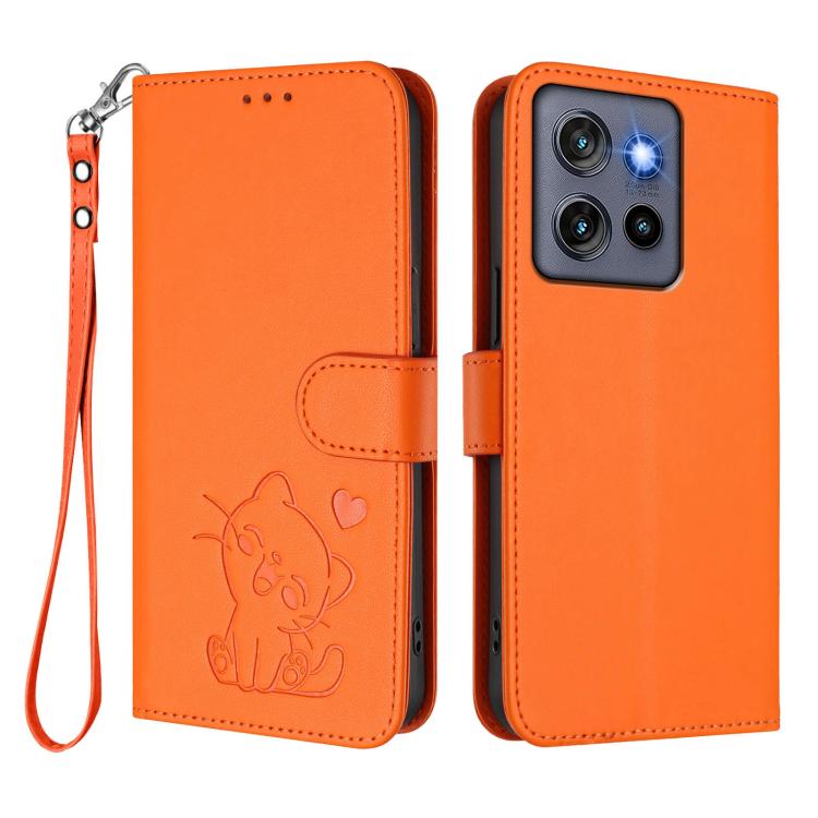 For Motorola Moto Thinkphone 25 Embossed Heart Cat Leather Phone Case with Hand Strap