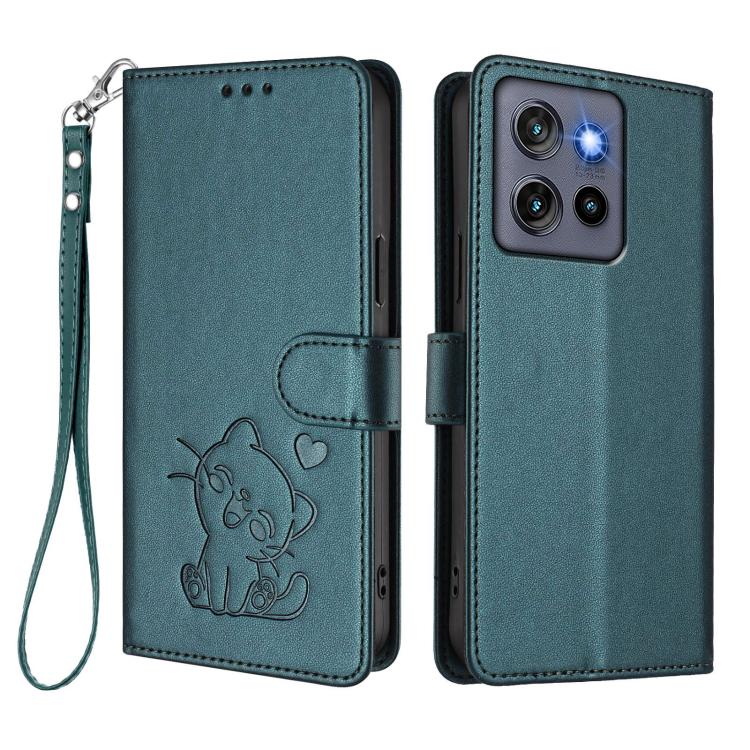 For Motorola Moto Thinkphone 25 Embossed Heart Cat Leather Phone Case with Hand Strap