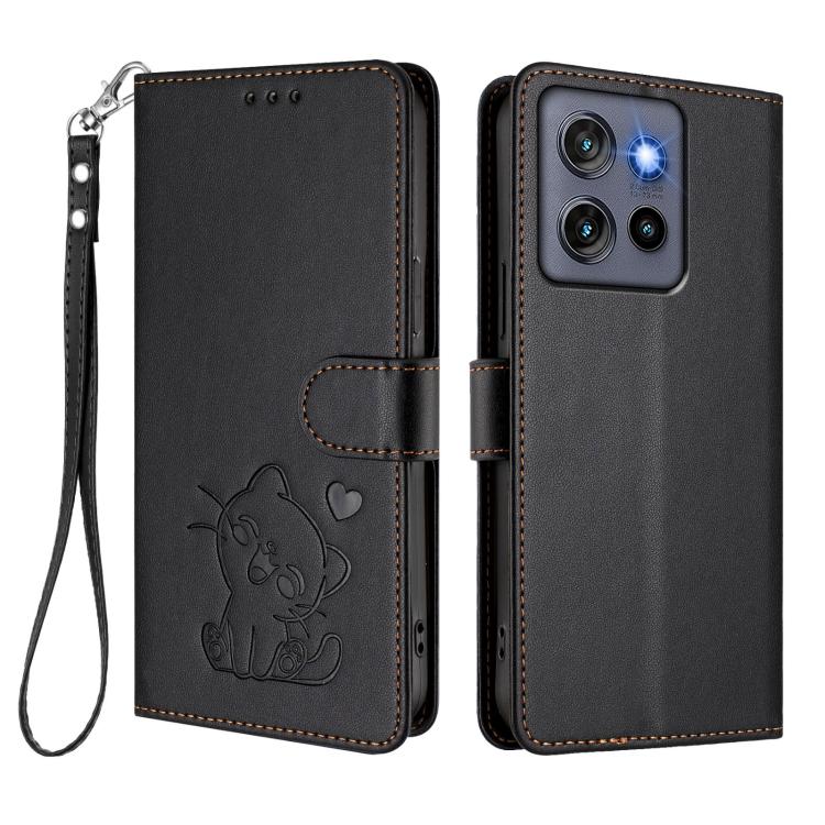 For Motorola Moto Thinkphone 25 Embossed Heart Cat Leather Phone Case with Hand Strap