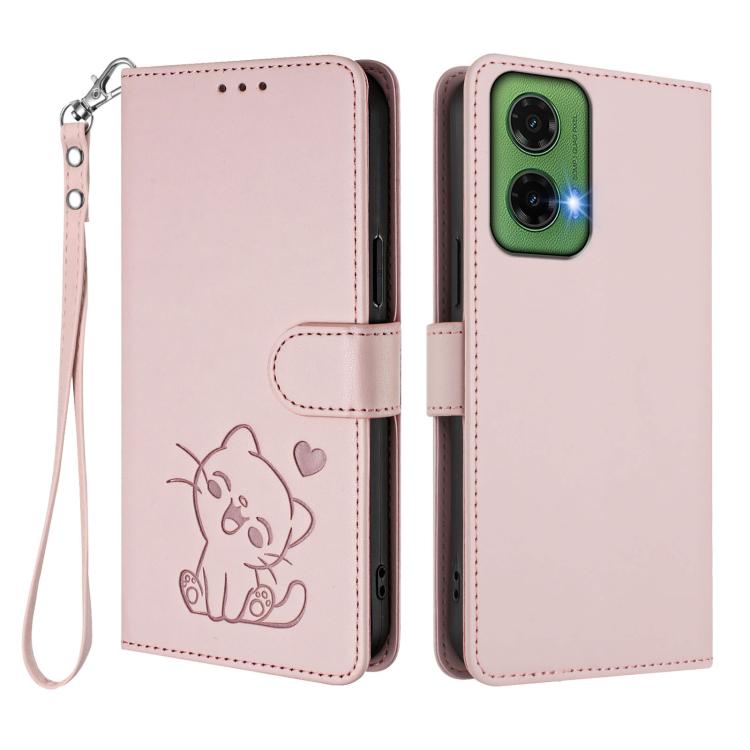 For Motorola Moto G35 5G Embossed Heart Cat Leather Phone Case with Hand Strap
