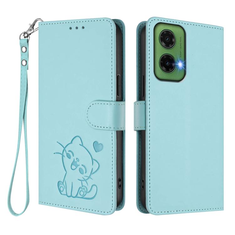 For Motorola Moto G35 5G Embossed Heart Cat Leather Phone Case with Hand Strap