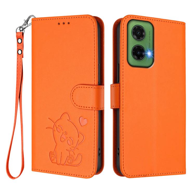 For Motorola Moto G35 5G Embossed Heart Cat Leather Phone Case with Hand Strap