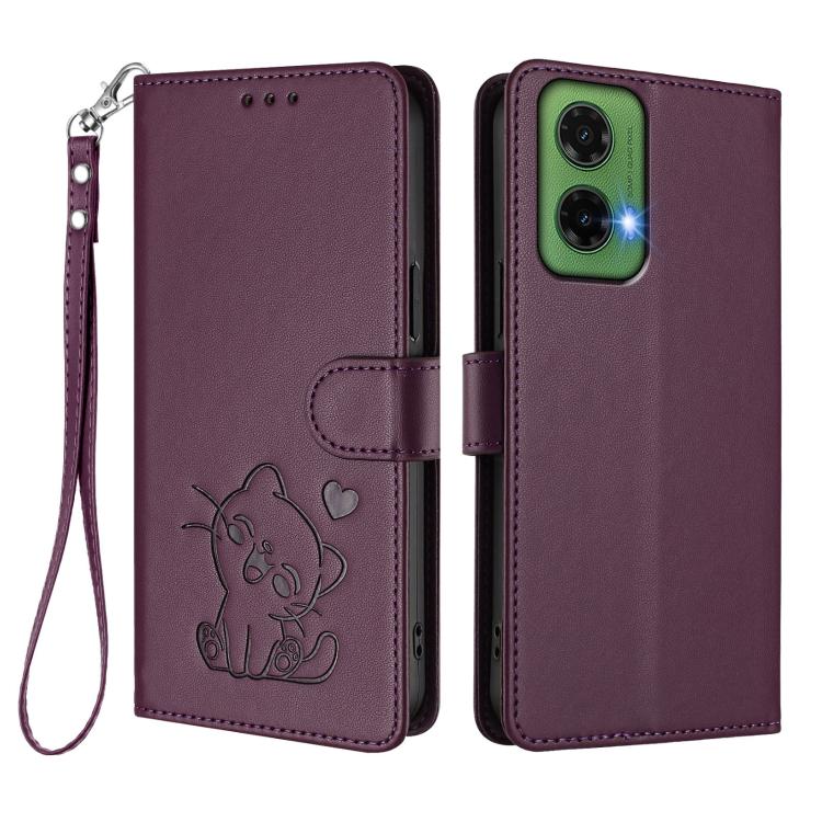 For Motorola Moto G35 5G Embossed Heart Cat Leather Phone Case with Hand Strap