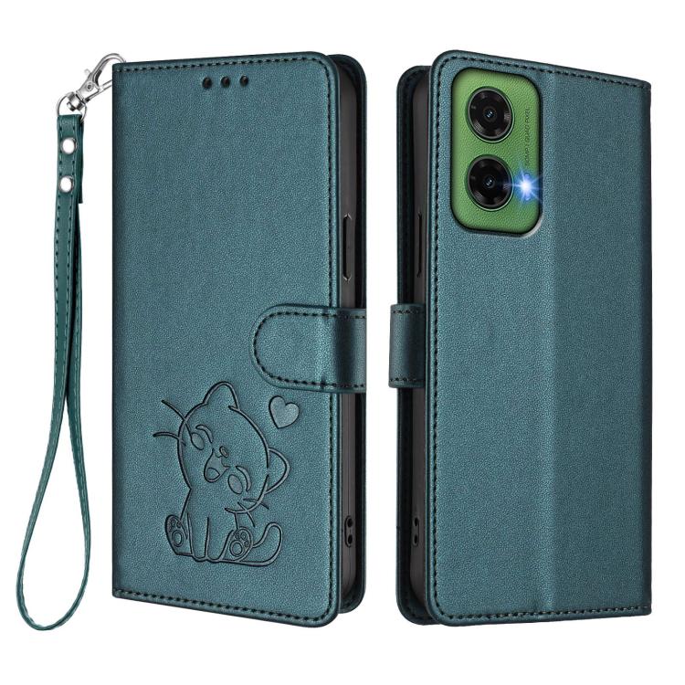 For Motorola Moto G35 5G Embossed Heart Cat Leather Phone Case with Hand Strap
