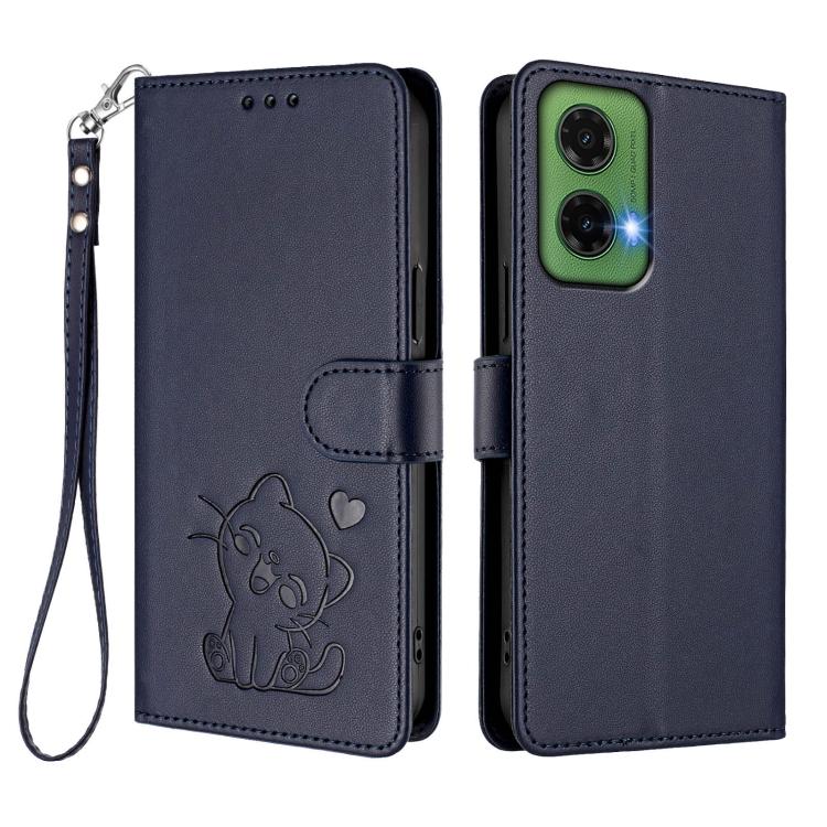 For Motorola Moto G35 5G Embossed Heart Cat Leather Phone Case with Hand Strap