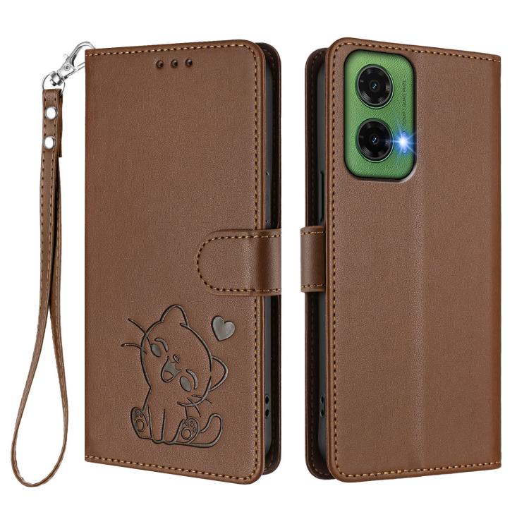 For Motorola Moto G35 5G Embossed Heart Cat Leather Phone Case with Hand Strap