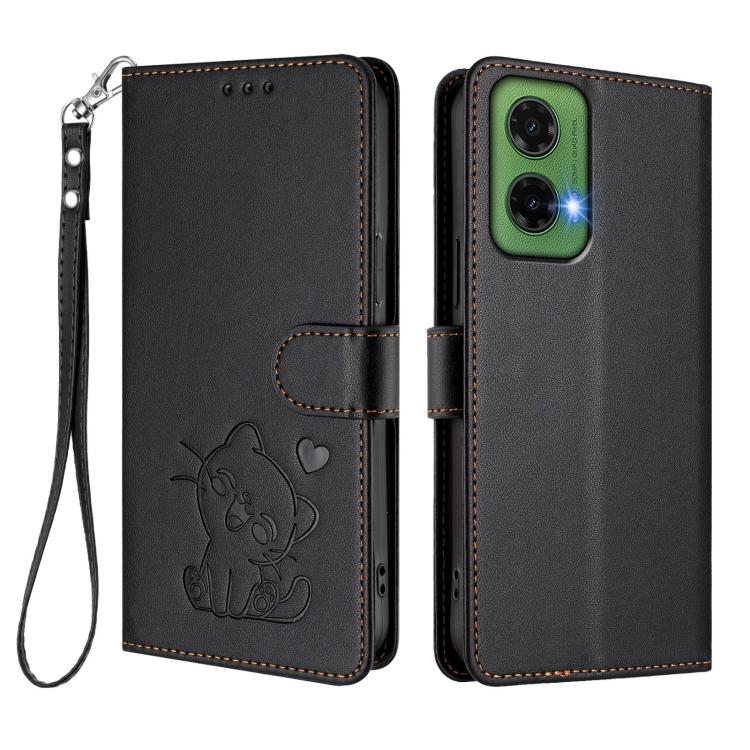 For Motorola Moto G35 5G Embossed Heart Cat Leather Phone Case with Hand Strap