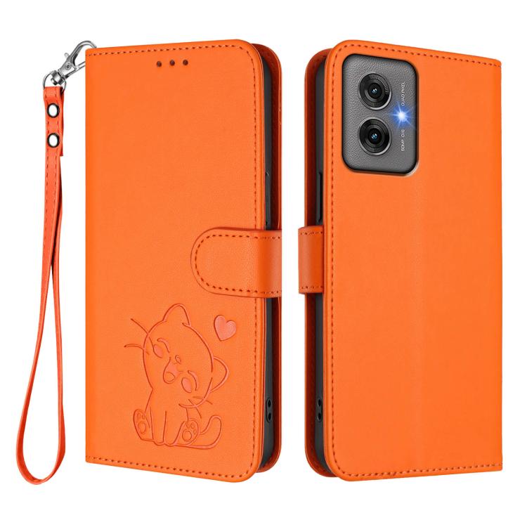 For Motorola Moto G55 5G Embossed Heart Cat Leather Phone Case with Hand Strap