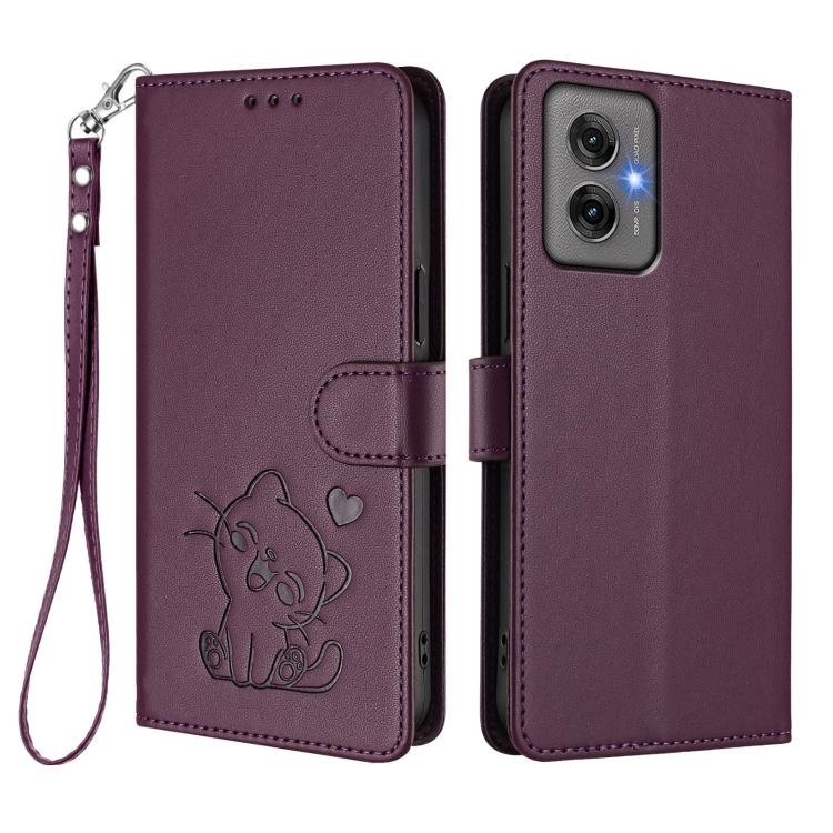 For Motorola Moto G55 5G Embossed Heart Cat Leather Phone Case with Hand Strap