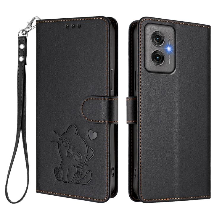 For Motorola Moto G55 5G Embossed Heart Cat Leather Phone Case with Hand Strap