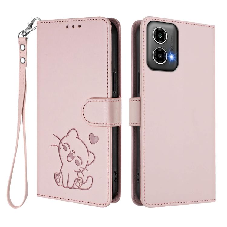 For Motorola Moto G34 5G / G45 5G Embossed Heart Cat Leather Phone Case with Hand Strap