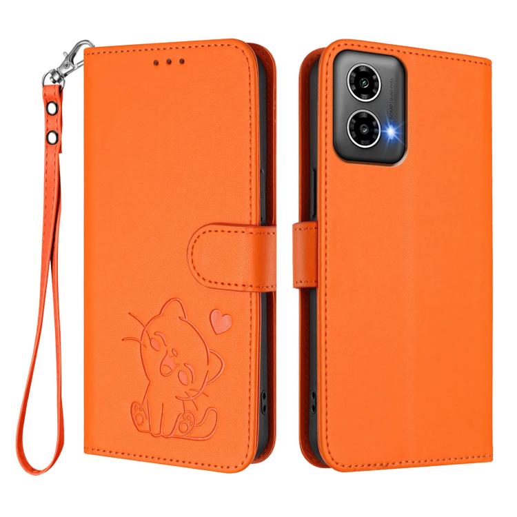 For Motorola Moto G34 5G / G45 5G Embossed Heart Cat Leather Phone Case with Hand Strap