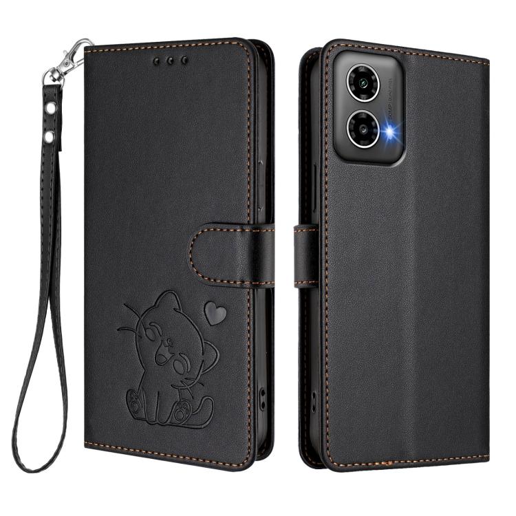 For Motorola Moto G34 5G / G45 5G Embossed Heart Cat Leather Phone Case with Hand Strap
