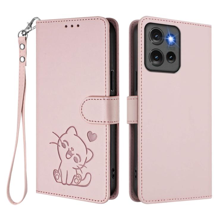 For Motorola Edge 50 5G Embossed Heart Cat Leather Phone Case with Hand Strap