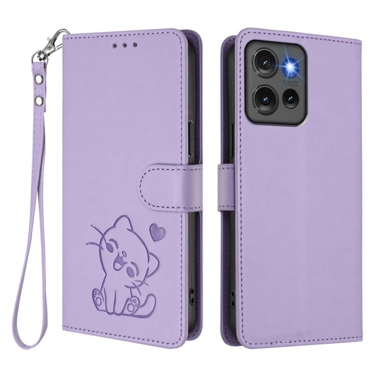 For Motorola Edge 50 5G Embossed Heart Cat Leather Phone Case with Hand Strap