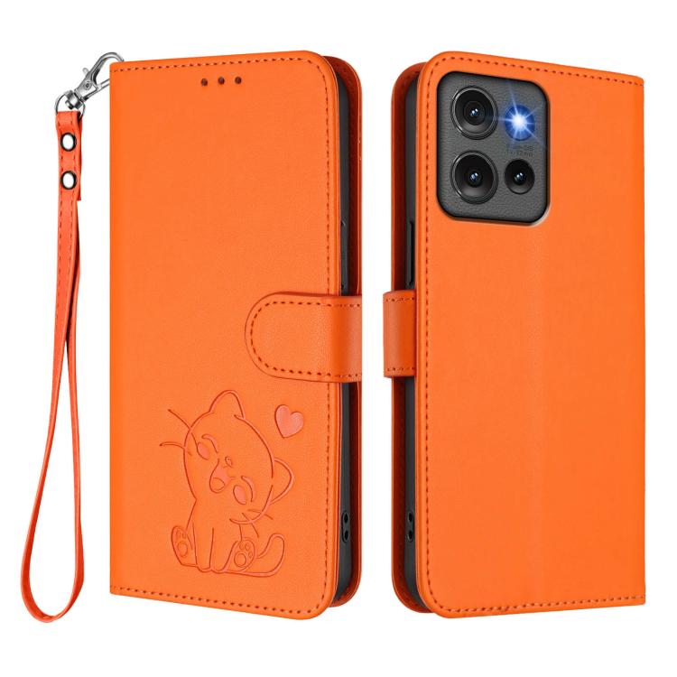 For Motorola Edge 50 5G Embossed Heart Cat Leather Phone Case with Hand Strap