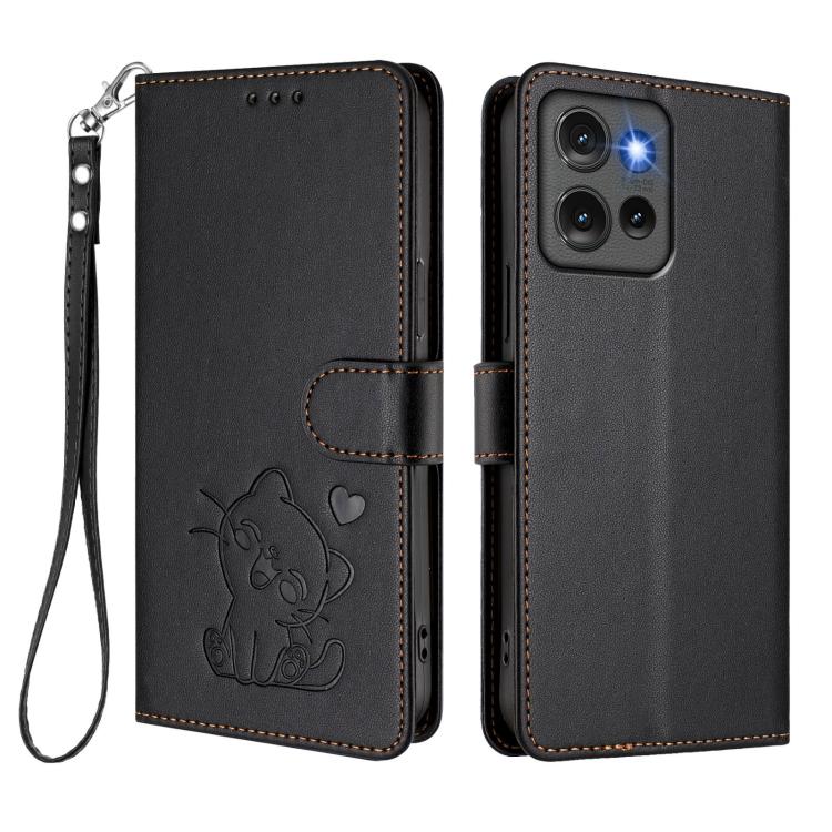 For Motorola Edge 50 5G Embossed Heart Cat Leather Phone Case with Hand Strap