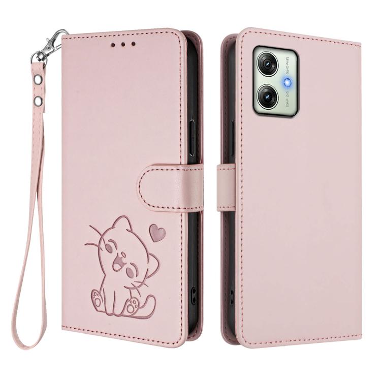 For Motorola Moto G64 / G54 India Embossed Heart Cat Leather Phone Case with Hand Strap