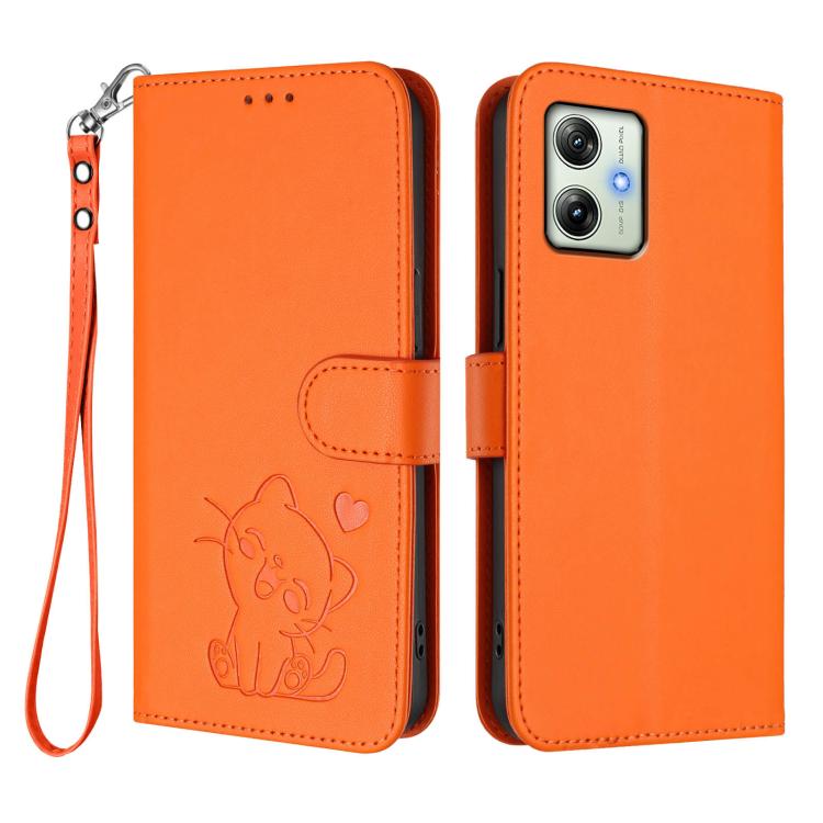 For Motorola Moto G64 / G54 India Embossed Heart Cat Leather Phone Case with Hand Strap