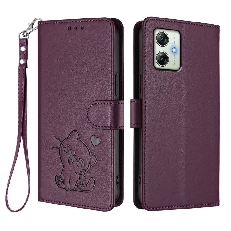 For Motorola Moto G64 / G54 India Embossed Heart Cat Leather Phone Case with Hand Strap