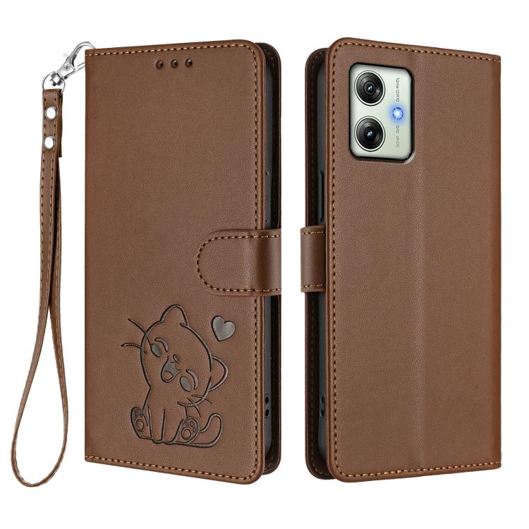 For Motorola Moto G64 / G54 India Embossed Heart Cat Leather Phone Case with Hand Strap