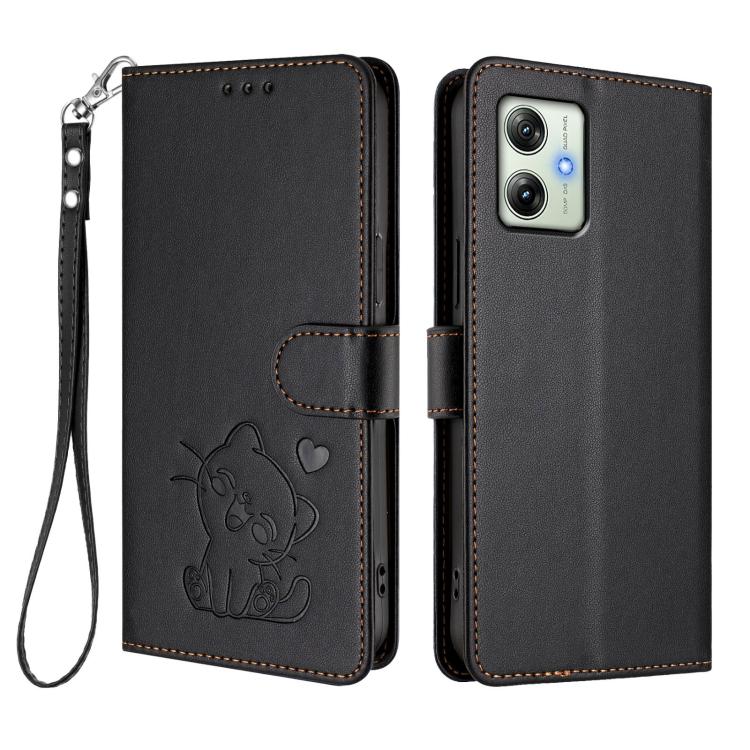 For Motorola Moto G64 / G54 India Embossed Heart Cat Leather Phone Case with Hand Strap