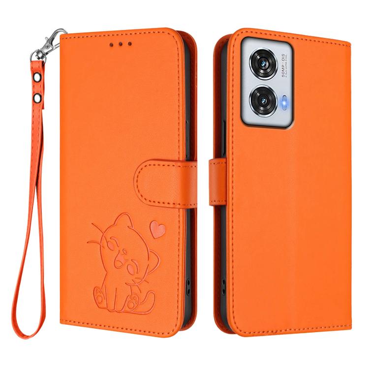 For Motorola Edge 50 Fusion 5G Embossed Heart Cat Leather Phone Case with Hand Strap