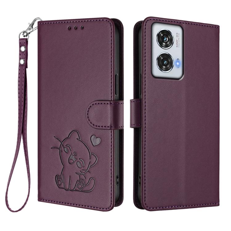 For Motorola Edge 50 Fusion 5G Embossed Heart Cat Leather Phone Case with Hand Strap