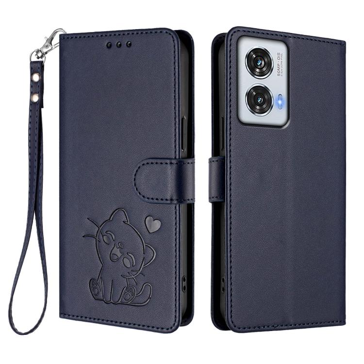 For Motorola Edge 50 Fusion 5G Embossed Heart Cat Leather Phone Case with Hand Strap