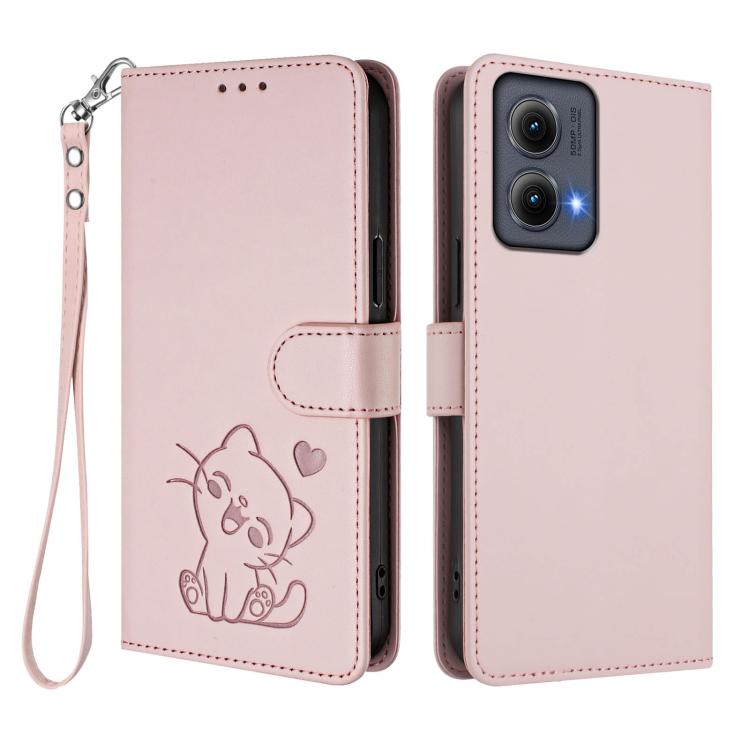For Motorola Edge 5G 2024 Embossed Heart Cat Leather Phone Case with Hand Strap