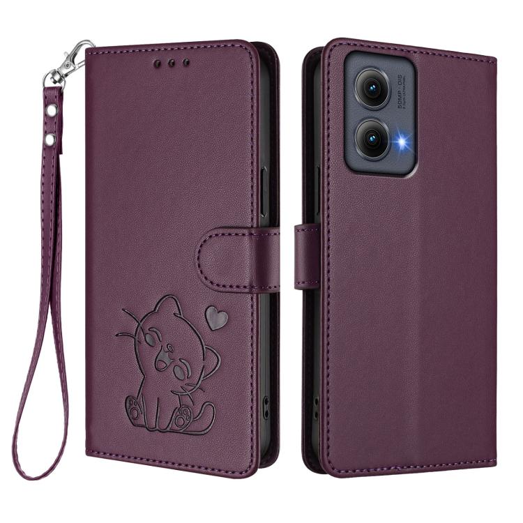 For Motorola Edge 5G 2024 Embossed Heart Cat Leather Phone Case with Hand Strap