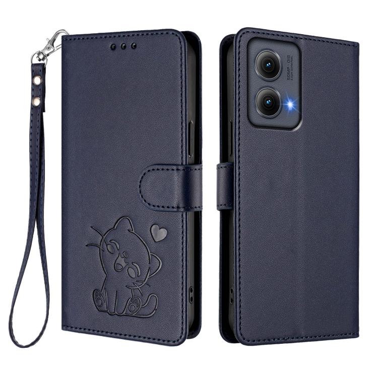 For Motorola Edge 5G 2024 Embossed Heart Cat Leather Phone Case with Hand Strap