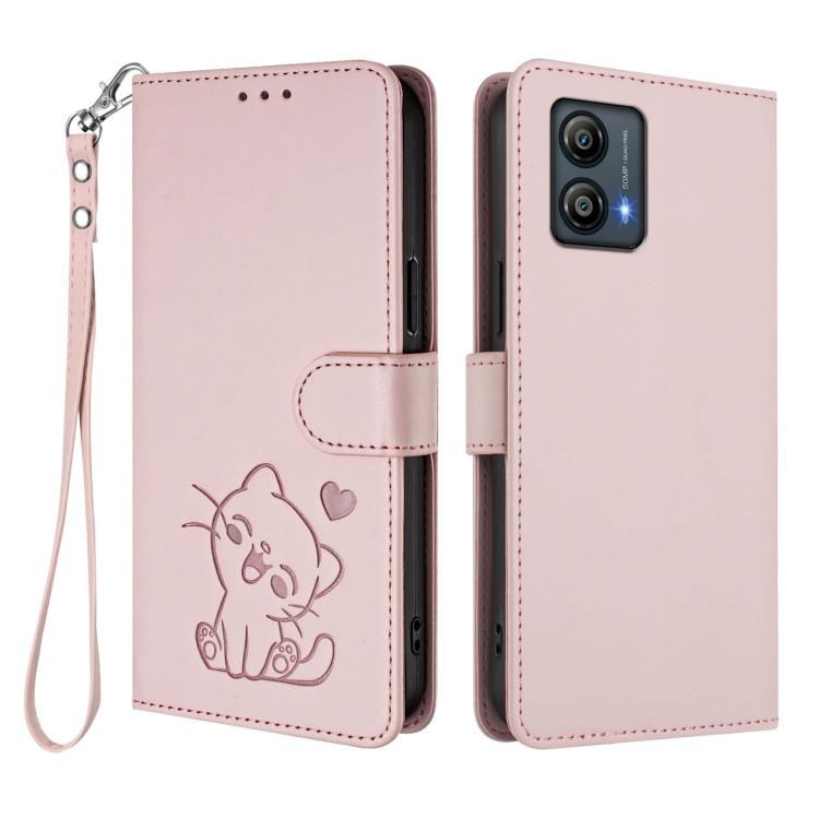 For Motorola Moto G53 5G / G13 4G Embossed Heart Cat Leather Phone Case with Hand Strap
