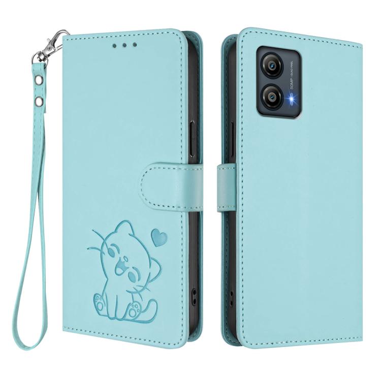 For Motorola Moto G53 5G / G13 4G Embossed Heart Cat Leather Phone Case with Hand Strap