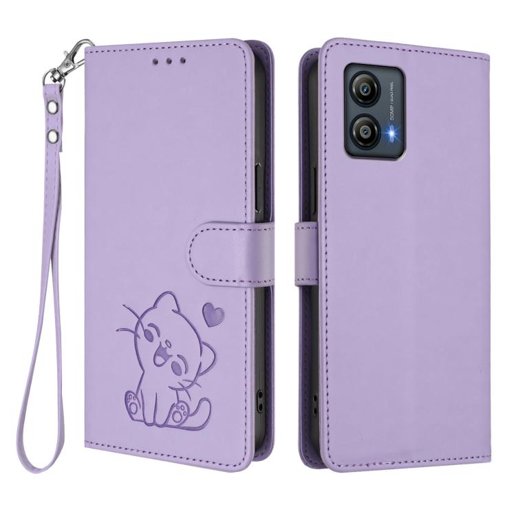 For Motorola Moto G53 5G / G13 4G Embossed Heart Cat Leather Phone Case with Hand Strap
